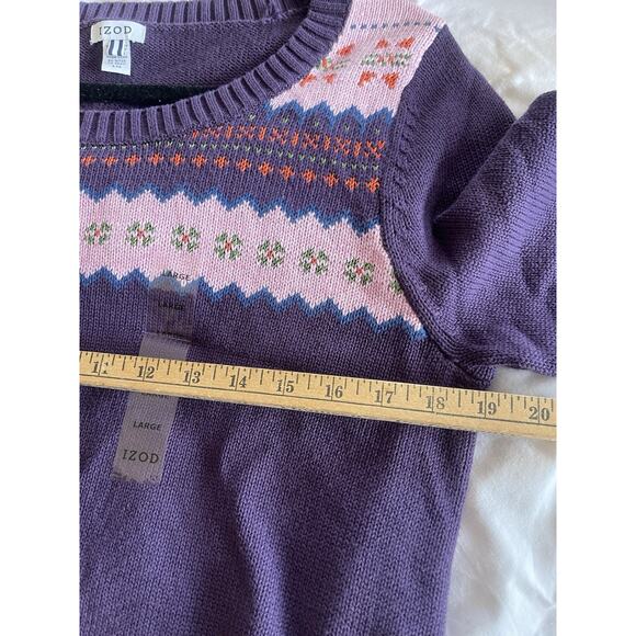 Izod Pink Purple 80s Style Three Quarter Sleeve Winter Fair Isle Cozy Sweater L - Picture 2 of 3